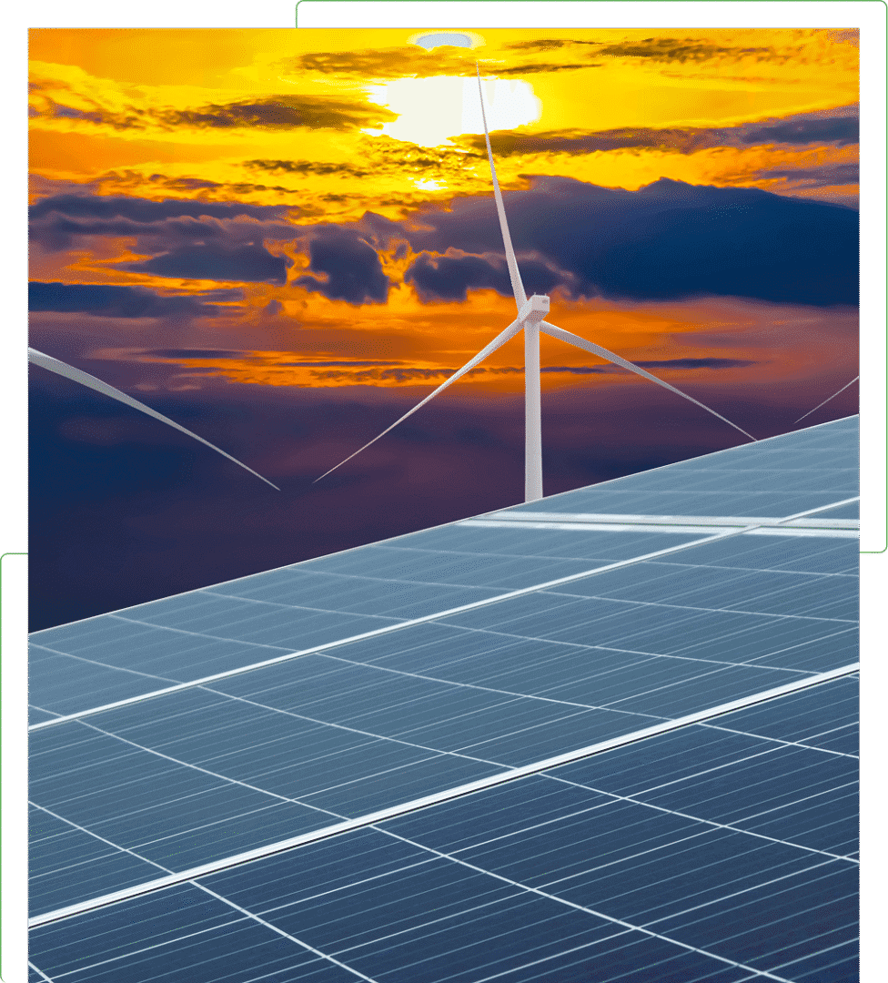 Solar panels and wind turbines at sunset.