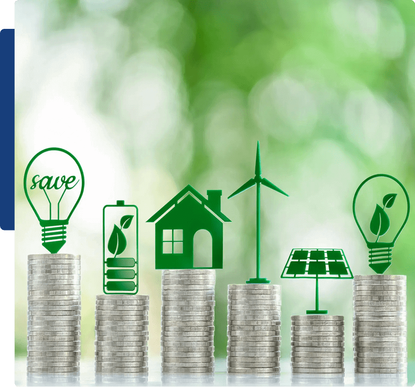Coins stacked with green energy icons above.