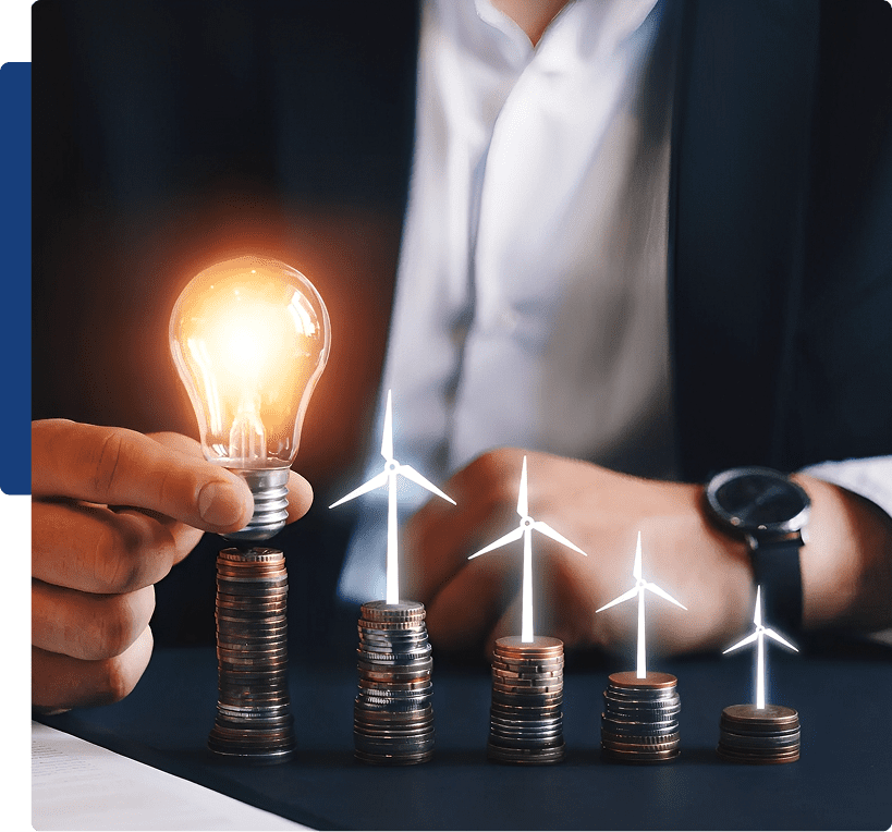 Lightbulb and wind turbines on coin stacks.